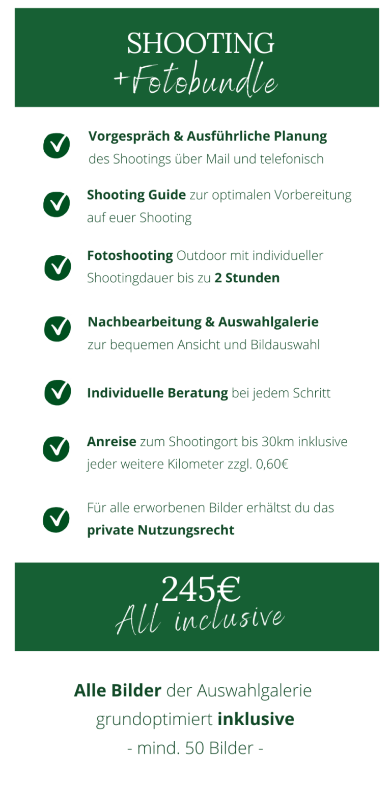 Vorgespräch, Beratung, Fotoshooting, Online-Galerie, Bearbeitung, Lieferung, privates Nutzungsrecht, Shop in der Galerie