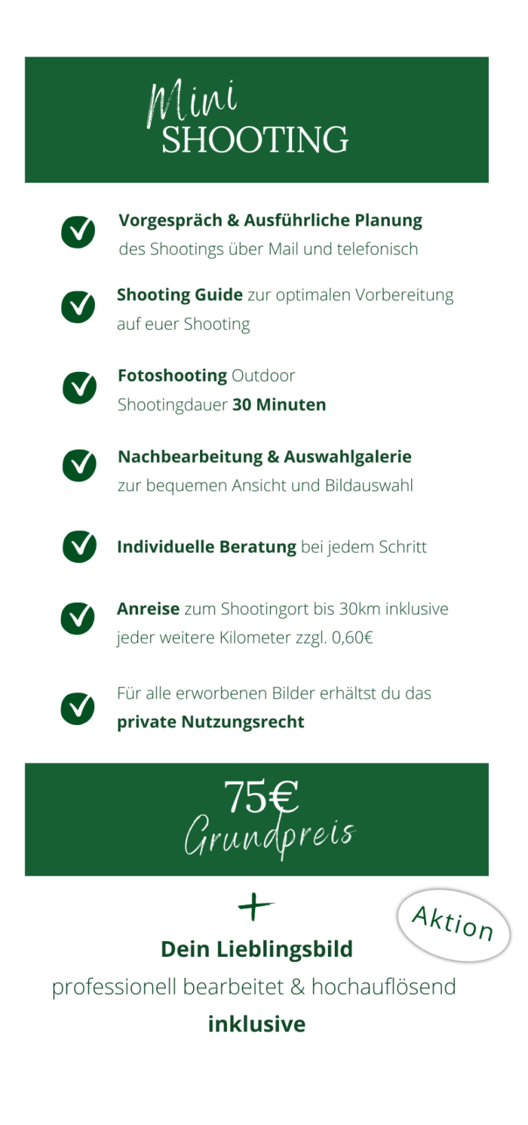 Vorgespräch, Beratung, Fotoshooting, Online-Galerie, Bearbeitung, Lieferung, privates Nutzungsrecht, Shop in der Galerie