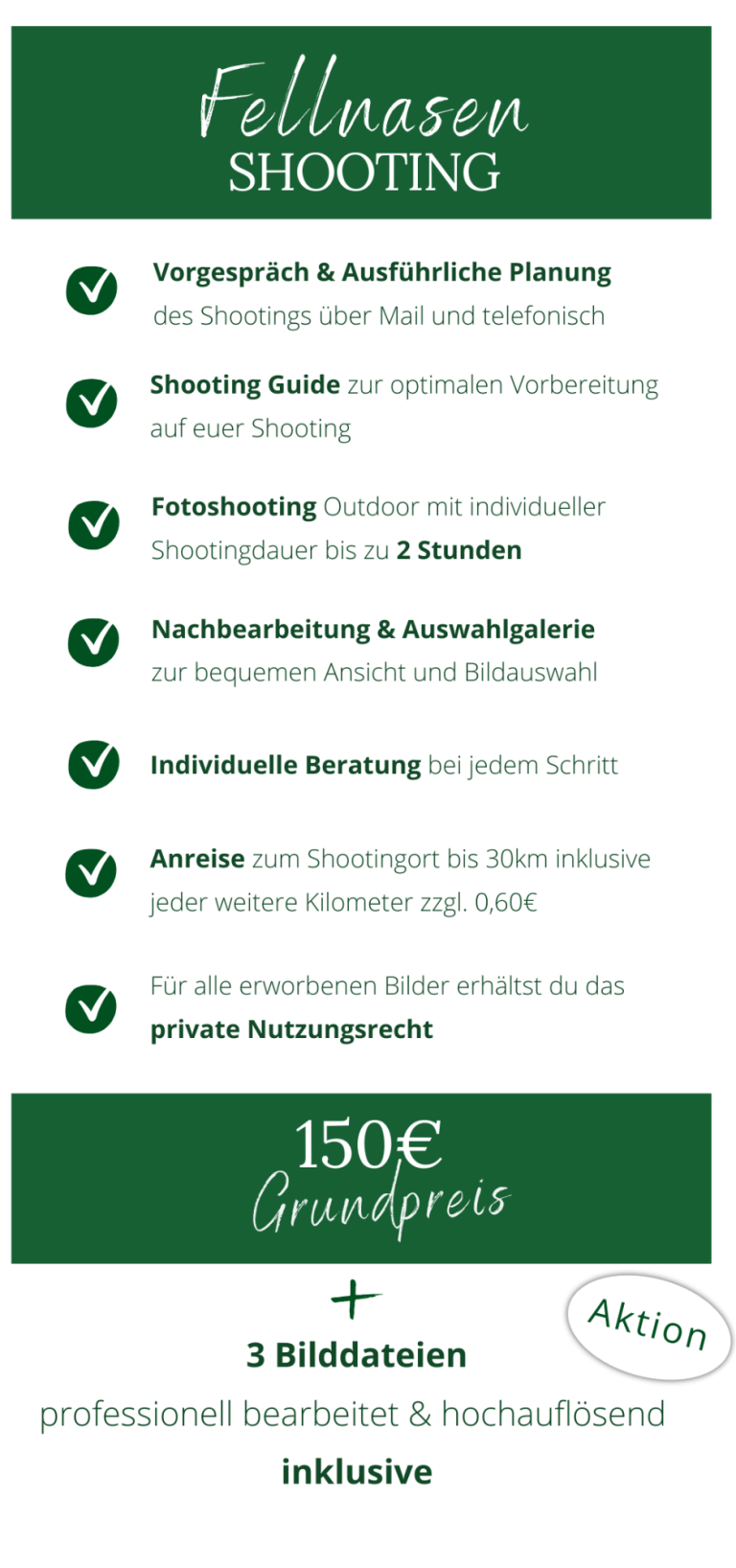 Vorgespräch, Beratung, Fotoshooting, Online-Galerie, Bearbeitung, Lieferung, privates Nutzungsrecht, Shop in der Galerie